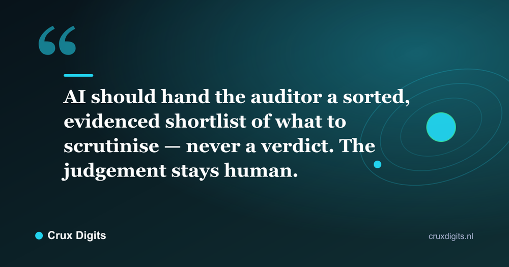 Pull quote: AI should hand the auditor a sorted, evidenced shortlist of what to scrutinise — never a verdict. The judgement stays human. - Crux Digits