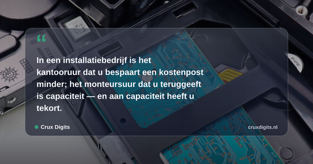 Pull quote: In een installatiebedrijf is het kantooruur dat u bespaart een kostenpost minder; het monteursuur dat u teruggeeft is capaciteit — en aan capaciteit h — Crux Digits