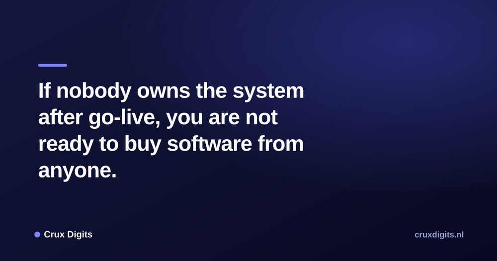 Pull quote from Crux Digits: If nobody owns the system after go-live, you are not ready to buy software from anyone.