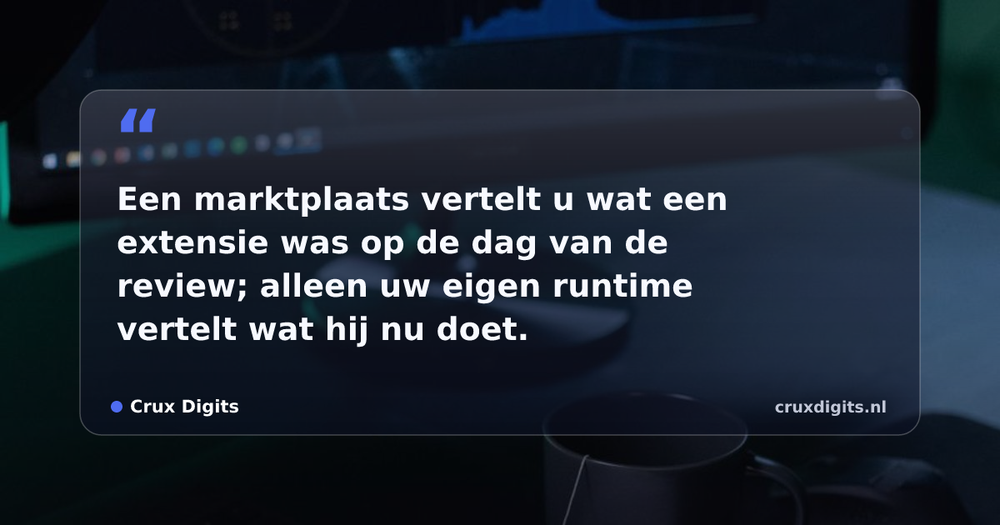 Pull quote from Crux Digits: Een marktplaats vertelt u wat een extensie was op de dag van de review; alleen uw eigen runtime vertelt wat hij nu doet.