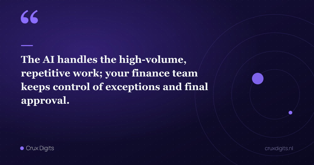Pull quote: The AI handles the high-volume, repetitive work; your finance team keeps control of exceptions and final approval. — Crux Digits
