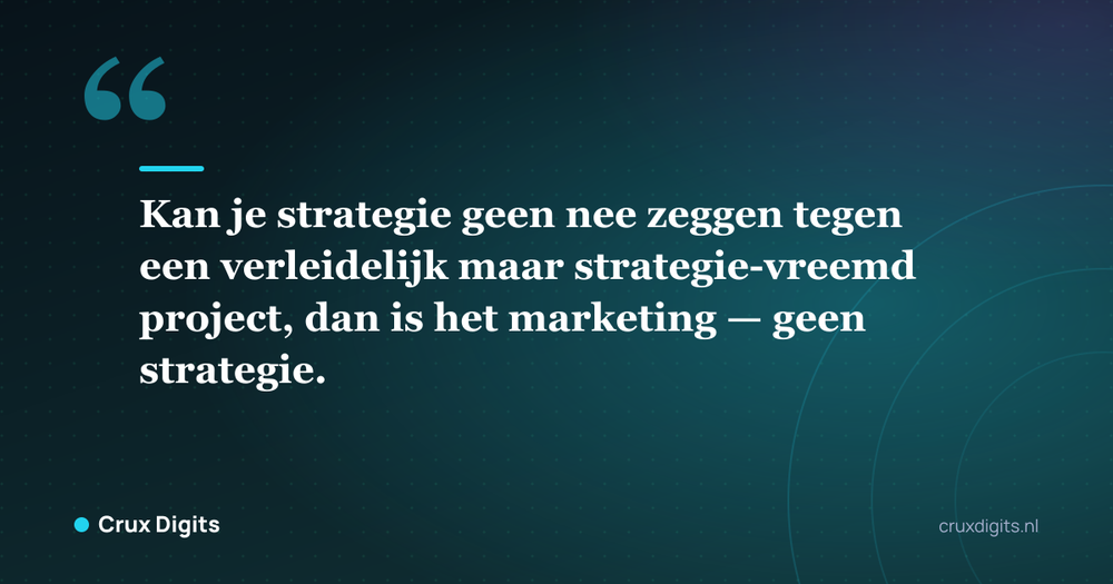 Citaat: Kan je strategie geen nee zeggen tegen een verleidelijk maar strategie-vreemd project, dan is het marketing — geen strategie. - Crux Digits