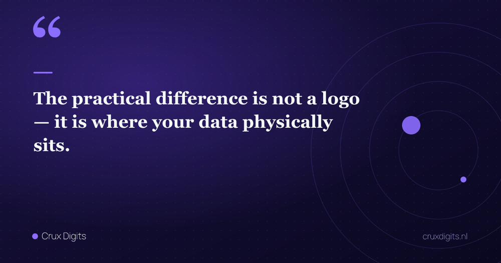 Pull quote: The practical difference is not a logo — it is where your data physically sits. — Crux Digits