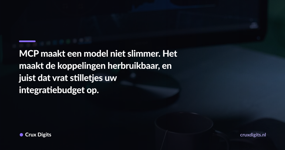 Pull quote: MCP maakt een model niet slimmer. Het maakt de koppelingen herbruikbaar, en juist dat vrat stilletjes uw integratiebudget op. — Crux Digits