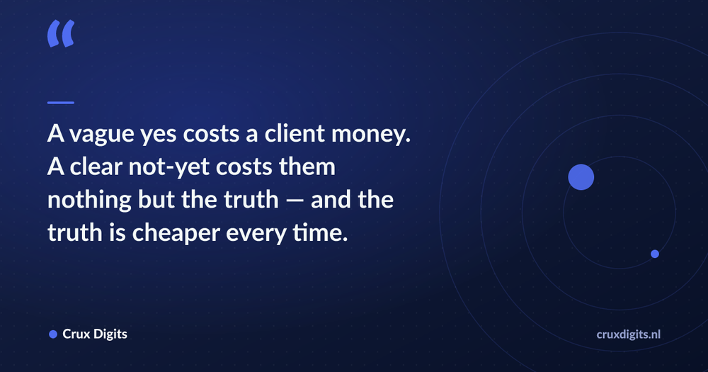 Pull quote: A vague yes costs a client money. A clear not-yet costs them nothing but the truth — and the truth is cheaper every time. — Crux Digits
