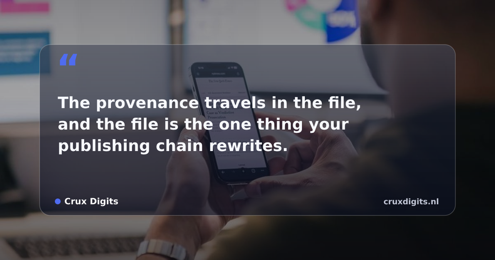 Pull quote from Crux Digits: The provenance travels in the file, and the file is the one thing your publishing chain rewrites.