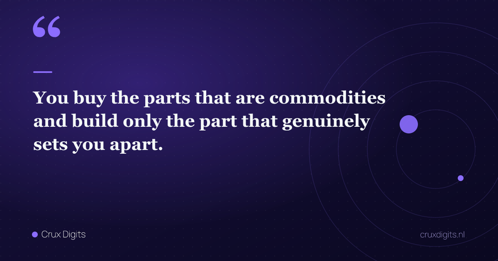 Pull quote: You buy the parts that are commodities and build only the part that genuinely sets you apart. — Crux Digits
