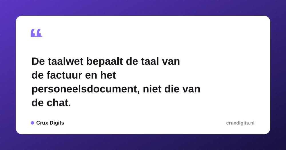 Pull quote from Crux Digits: De taalwet bepaalt de taal van de factuur en het personeelsdocument, niet die van de chat.