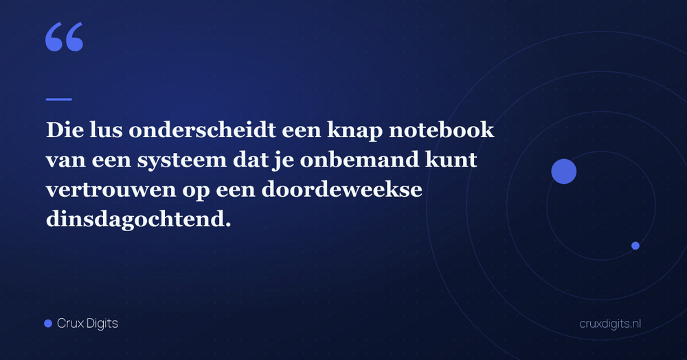 Pull quote: Die lus onderscheidt een knap notebook van een systeem dat je onbemand kunt vertrouwen op een doordeweekse dinsdagochtend. — Crux Digits