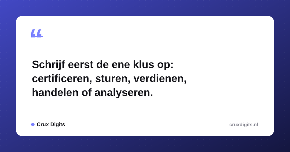 Pull quote from Crux Digits: Schrijf eerst de ene klus op: certificeren, sturen, verdienen, handelen of analyseren.