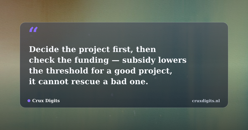 Pull quote: Decide the project first, then check the funding — subsidy lowers the threshold for a good project, it cannot rescue a bad one. — Crux Digits