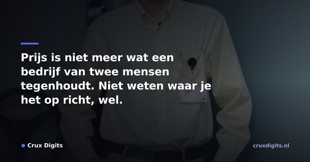 Pull quote from Crux Digits: Prijs is niet meer wat een bedrijf van twee mensen tegenhoudt. Niet weten waar je het op richt, wel.