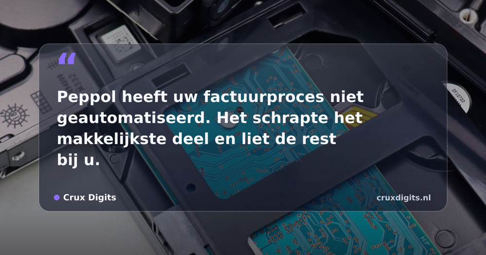 Pull quote from Crux Digits: Peppol heeft uw factuurproces niet geautomatiseerd. Het schrapte het makkelijkste deel en liet de rest bij u.