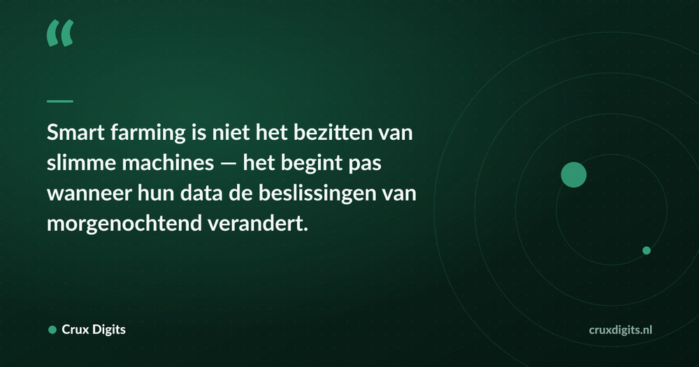 Pull quote: Smart farming is niet het bezitten van slimme machines — het begint pas wanneer hun data de beslissingen van morgenochtend verandert. — Crux Digits