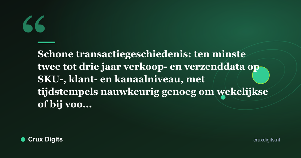 Citaat: Schone transactiegeschiedenis: ten minste twee tot drie jaar verkoop- en verzenddata op SKU-, klant- en kanaalniveau, met tijdstempels nauwkeurig genoeg om wekelijkse of bij voo... - Crux Digits