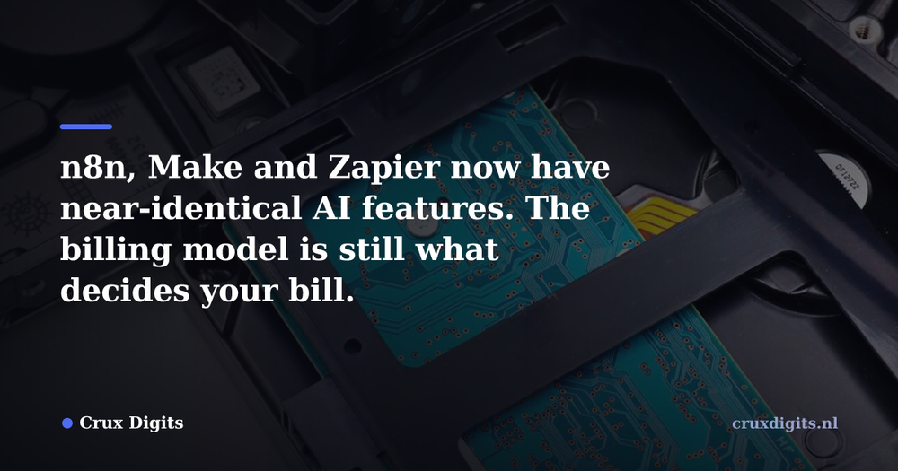 Pull quote from Crux Digits: n8n, Make and Zapier now have near-identical AI features. The billing model is still what decides your bill.