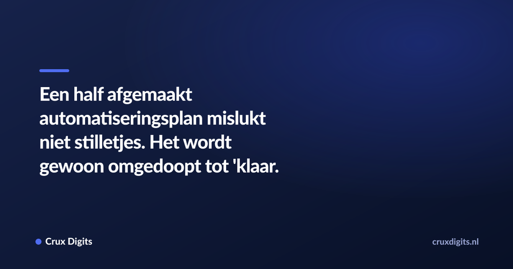 Pull quote: Een half afgemaakt automatiseringsplan mislukt niet stilletjes. Het wordt gewoon omgedoopt tot 'klaar.' — Crux Digits