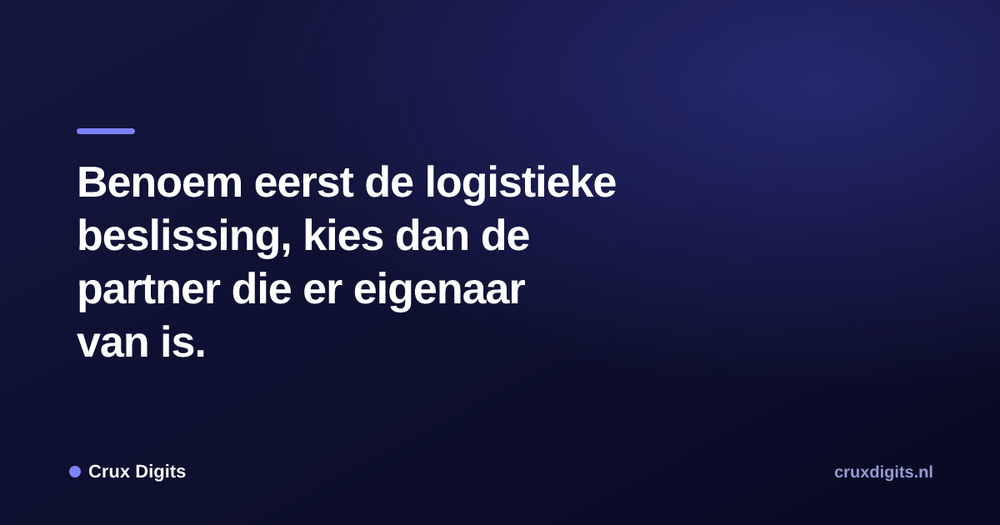 Pull quote from Crux Digits: Benoem eerst de logistieke beslissing, kies dan de partner die er eigenaar van is.