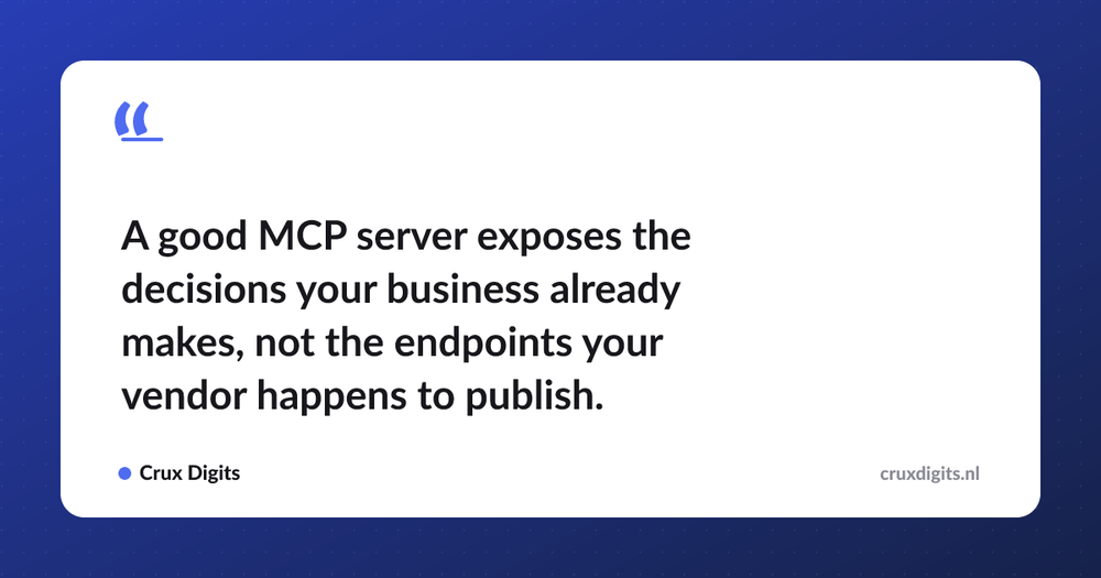 Pull quote: A good MCP server exposes the decisions your business already makes, not the endpoints your vendor happens to publish. — Crux Digits