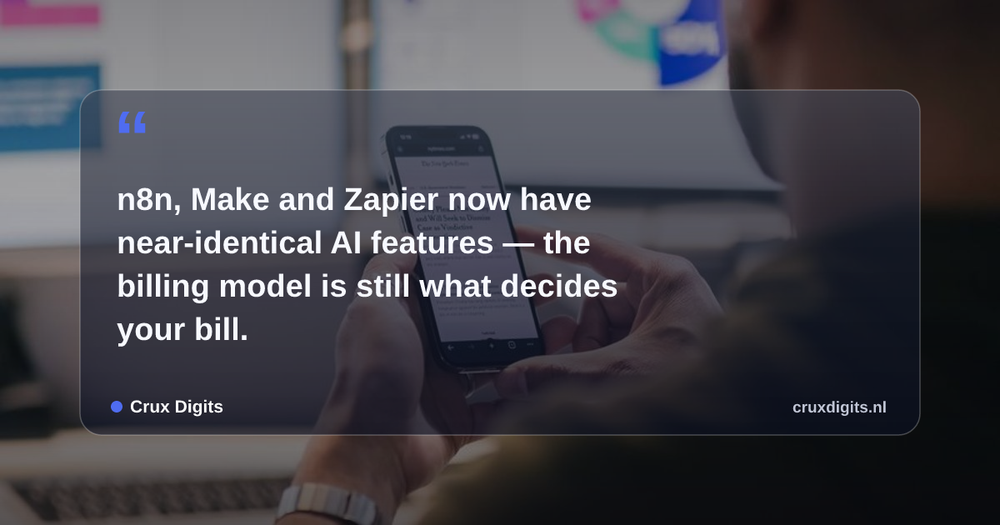 Pull quote: n8n, Make and Zapier now have near-identical AI features — the billing model is still what decides your bill. — Crux Digits