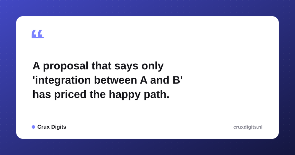 Pull quote from Crux Digits: A proposal that says only 'integration between A and B' has priced the happy path.