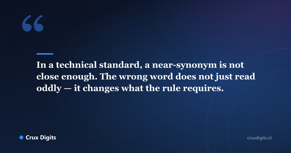 Pull quote: In a technical standard, a near-synonym is not close enough. The wrong word does not just read oddly — it changes what the rule requires. - Crux Digits