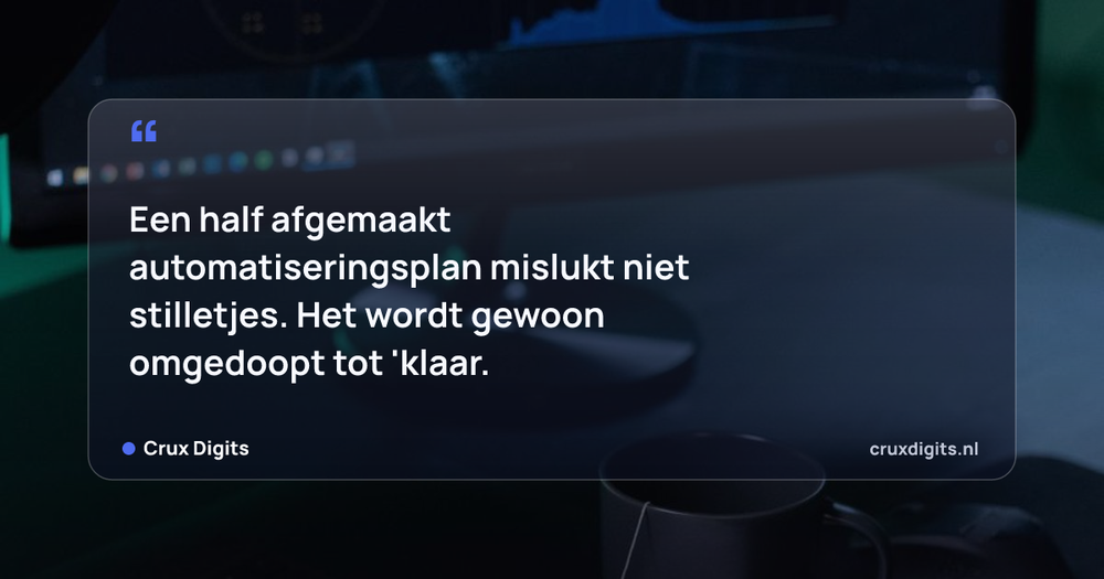 Pull quote from Crux Digits: Een half afgemaakt automatiseringsplan mislukt niet stilletjes. Het wordt gewoon omgedoopt tot 'klaar.'