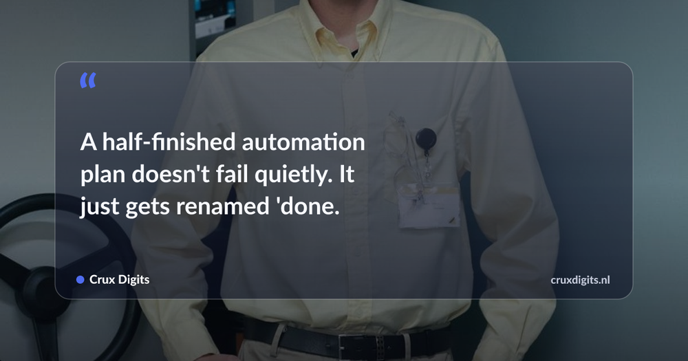 Pull quote: A half-finished automation plan doesn't fail quietly. It just gets renamed 'done.' — Crux Digits
