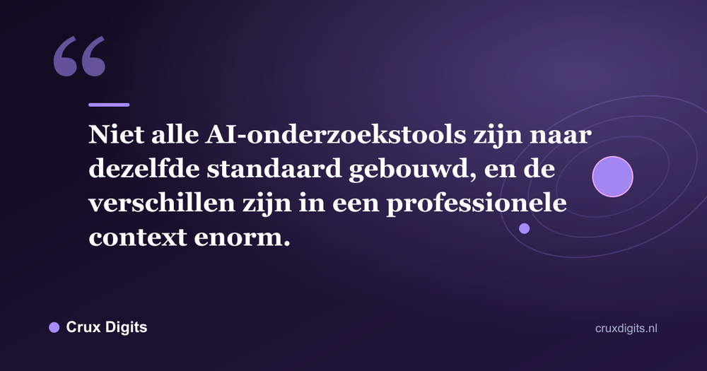 Citaat: Niet alle AI-onderzoekstools zijn naar dezelfde standaard gebouwd, en de verschillen zijn in een professionele context enorm. - Crux Digits