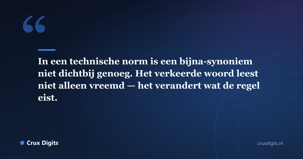 Citaat: In een technische norm is een bijna-synoniem niet dichtbij genoeg. Het verkeerde woord leest niet alleen vreemd — het verandert wat de regel eist. - Crux Digits