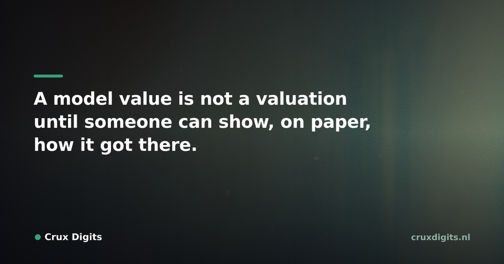 Pull quote from Crux Digits: A model value is not a valuation until someone can show, on paper, how it got there.