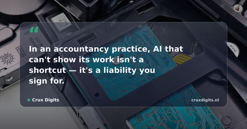 Pull quote from Crux Digits: In an accountancy practice, AI that can't show its work isn't a shortcut — it's a liability you sign for.