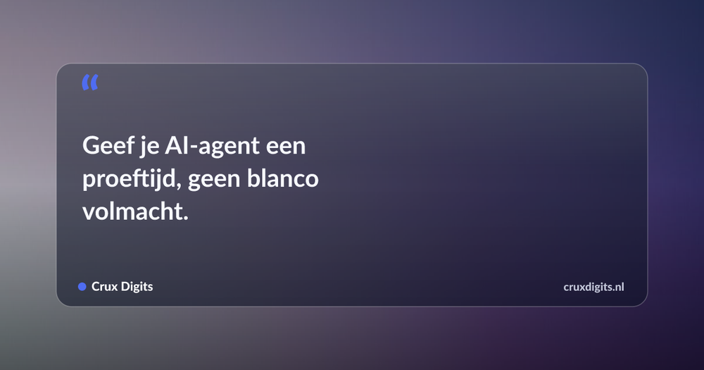 Pull quote: Geef je AI-agent een proeftijd, geen blanco volmacht. — Crux Digits