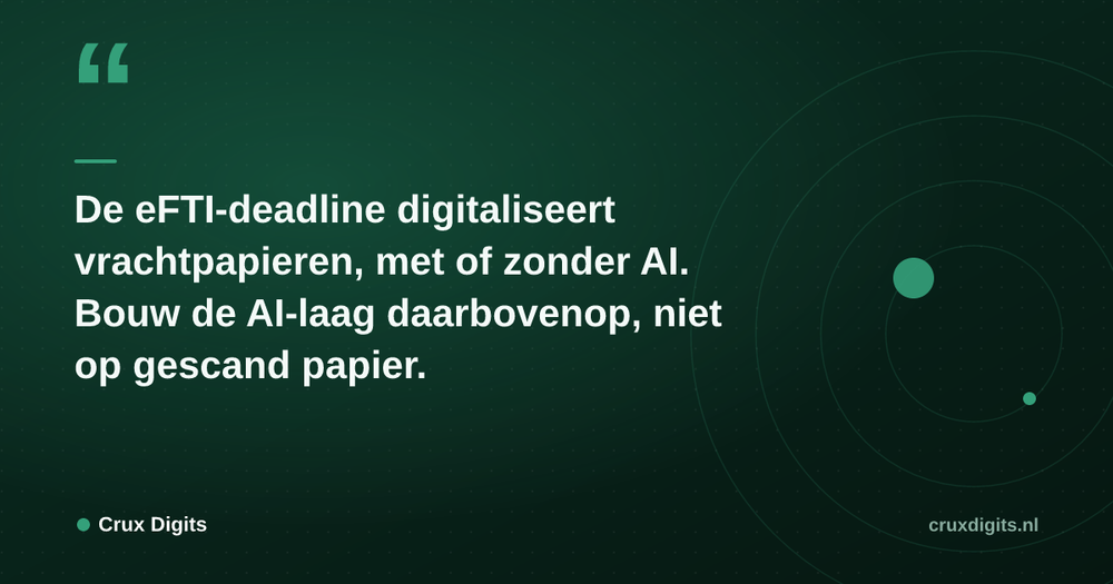 Pull quote from Crux Digits: De eFTI-deadline digitaliseert vrachtpapieren, met of zonder AI. Bouw de AI-laag daarbovenop, niet op gescand papier.
