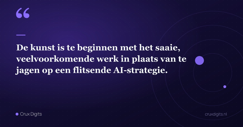 Pull quote: De kunst is te beginnen met het saaie, veelvoorkomende werk in plaats van te jagen op een flitsende AI-strategie. — Crux Digits