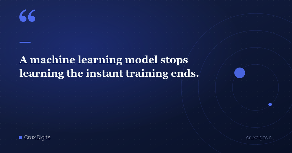 Pull quote: A machine learning model stops learning the instant training ends. — Crux Digits