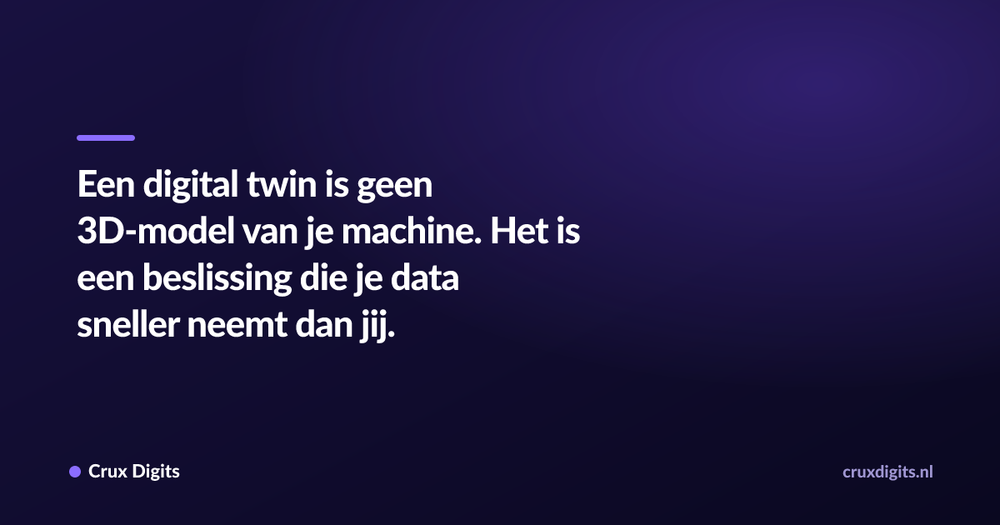 Pull quote: Een digital twin is geen 3D-model van je machine. Het is een beslissing die je data sneller neemt dan jij. — Crux Digits