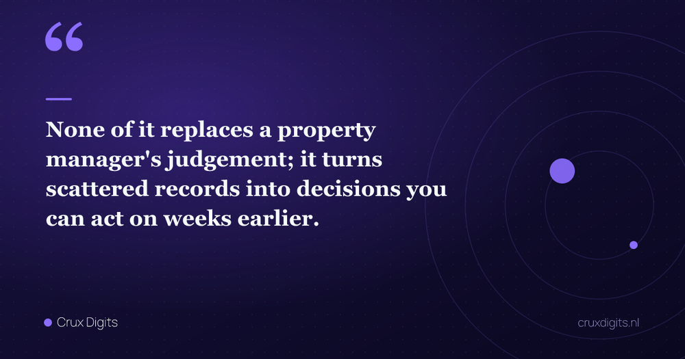 Pull quote: None of it replaces a property manager's judgement; it turns scattered records into decisions you can act on weeks earlier. — Crux Digits