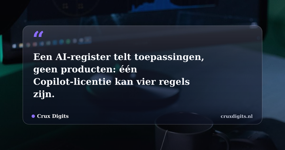 Pull quote from Crux Digits: Een AI-register telt toepassingen, geen producten: één Copilot-licentie kan vier regels zijn.
