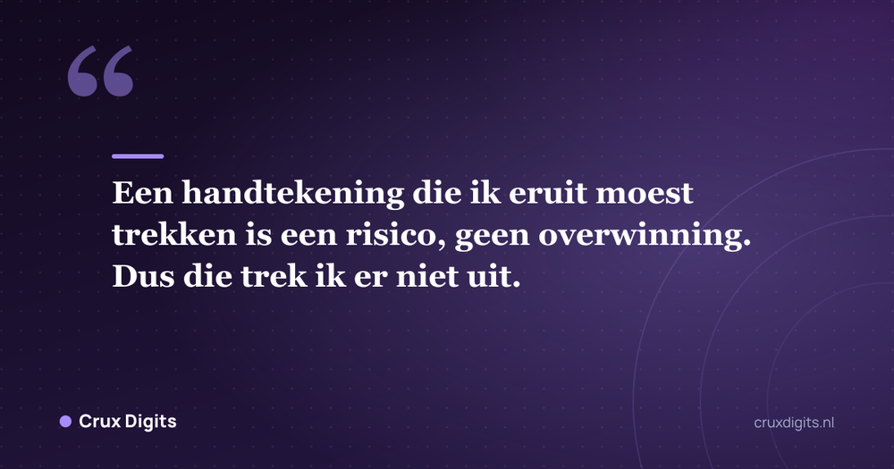Citaat: Een handtekening die ik eruit moest trekken is een risico, geen overwinning. Dus die trek ik er niet uit. - Crux Digits