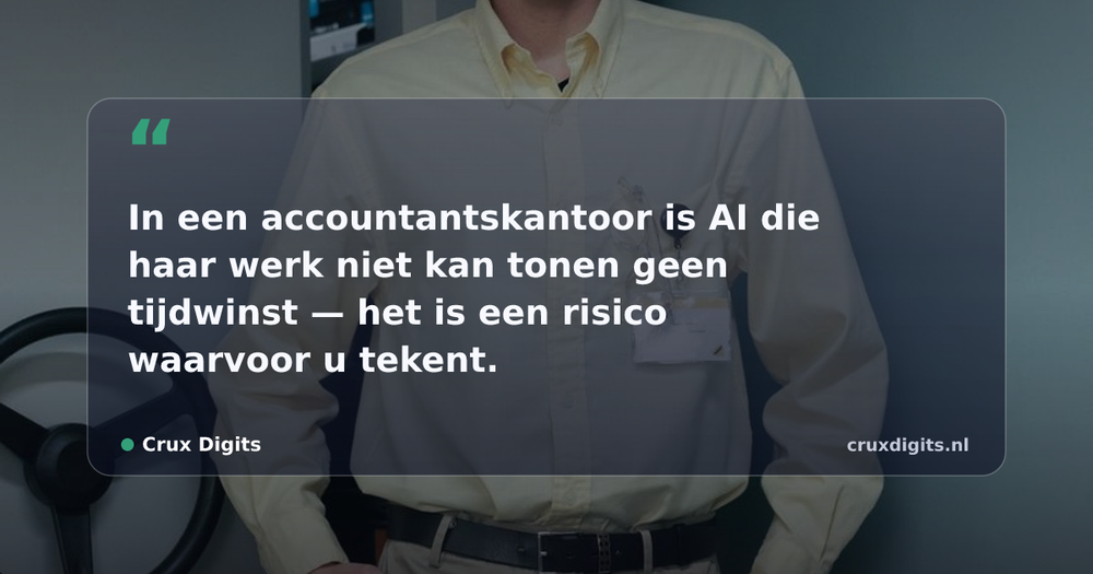 Pull quote from Crux Digits: In een accountantskantoor is AI die haar werk niet kan tonen geen tijdwinst — het is een risico waarvoor u tekent.