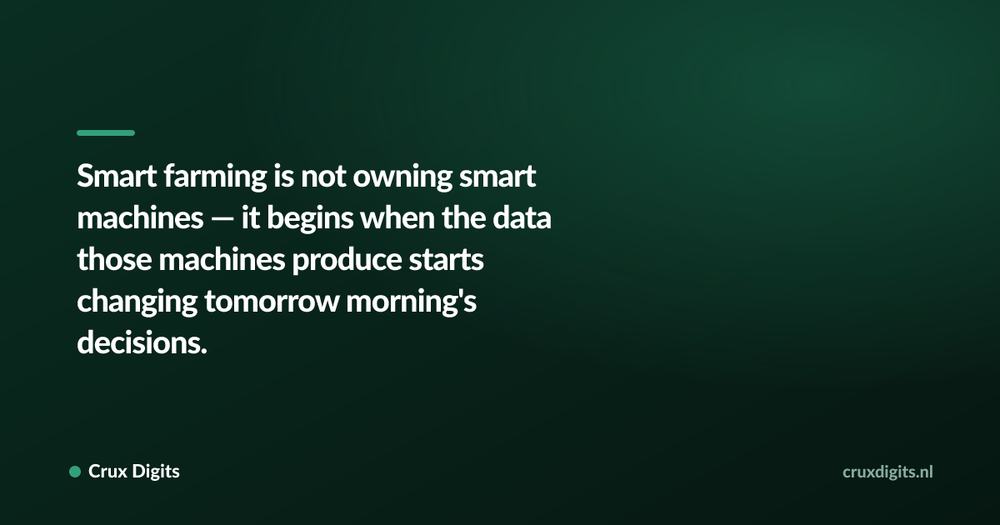 Pull quote: Smart farming is not owning smart machines — it begins when the data those machines produce starts changing tomorrow morning's decisions. — Crux Digits