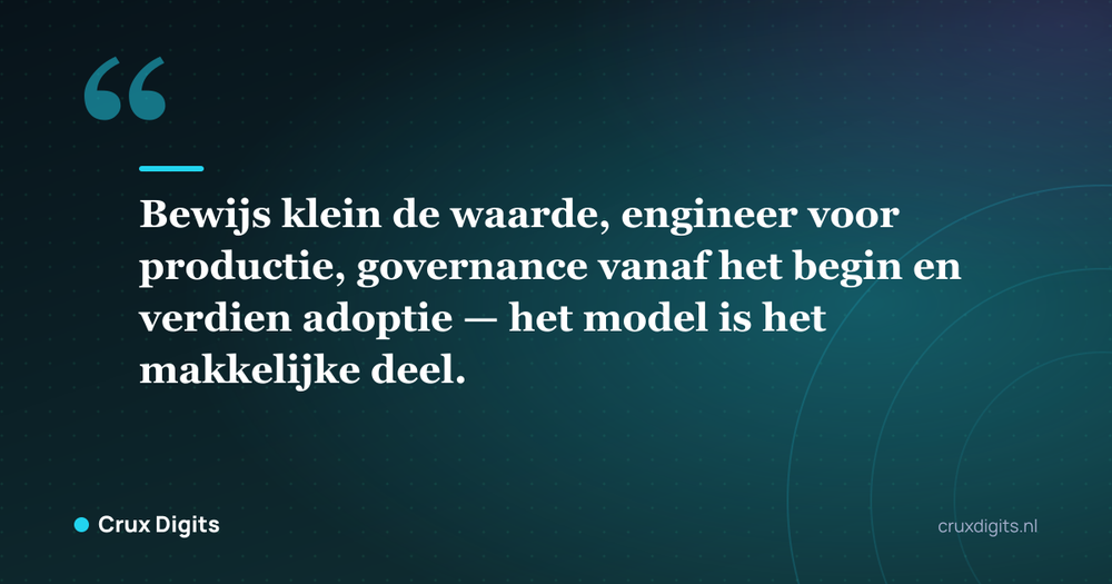 Citaat: Bewijs klein de waarde, engineer voor productie, governance vanaf het begin en verdien adoptie — het model is het makkelijke deel. - Crux Digits