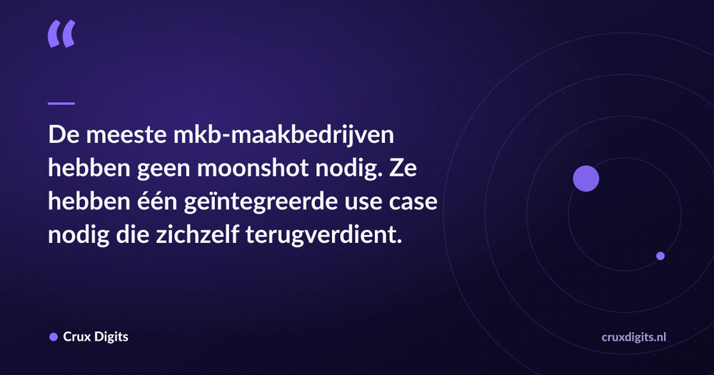 Pull quote: De meeste mkb-maakbedrijven hebben geen moonshot nodig. Ze hebben één geïntegreerde use case nodig die zichzelf terugverdient. — Crux Digits