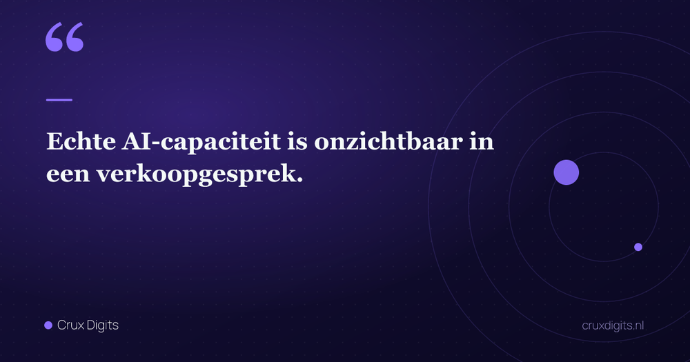 Pull quote: Echte AI-capaciteit is onzichtbaar in een verkoopgesprek. — Crux Digits