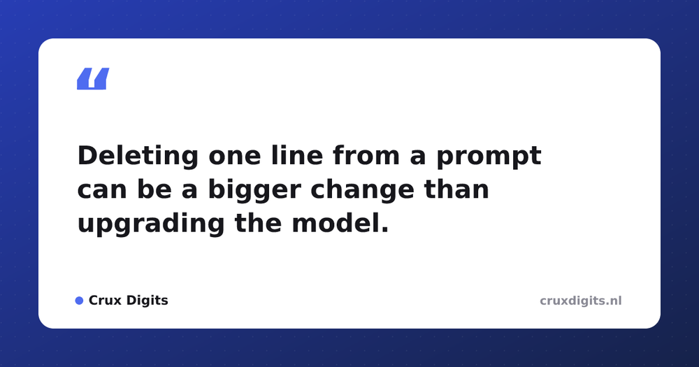 Pull quote from Crux Digits: Deleting one line from a prompt can be a bigger change than upgrading the model.