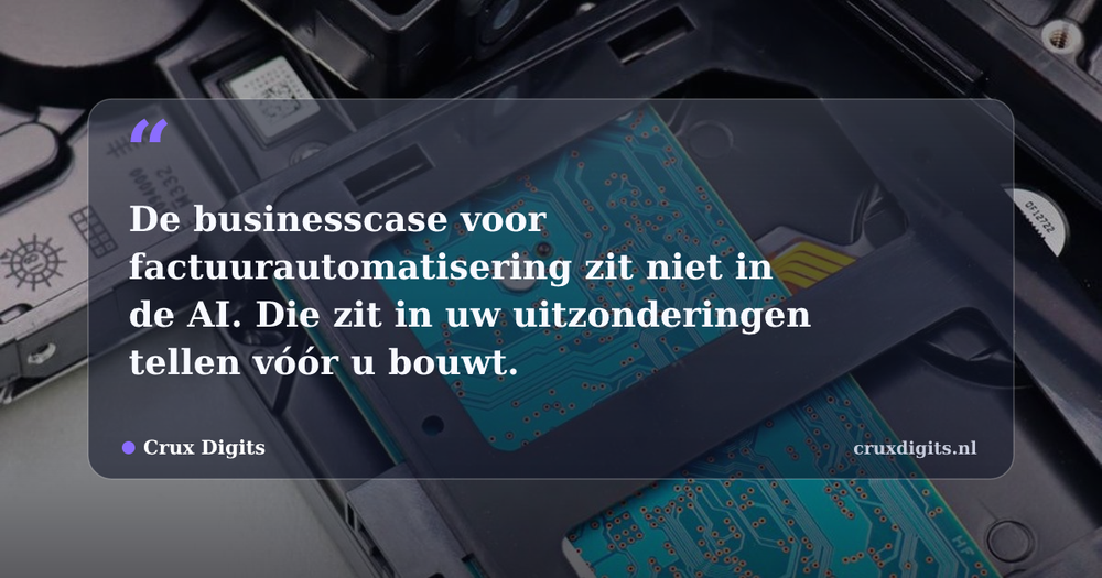 Pull quote from Crux Digits: De businesscase voor factuurautomatisering zit niet in de AI. Die zit in uw uitzonderingen tellen vóór u bouwt.