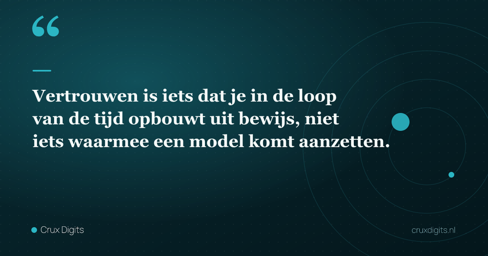 Pull quote: Vertrouwen is iets dat je in de loop van de tijd opbouwt uit bewijs, niet iets waarmee een model komt aanzetten. — Crux Digits