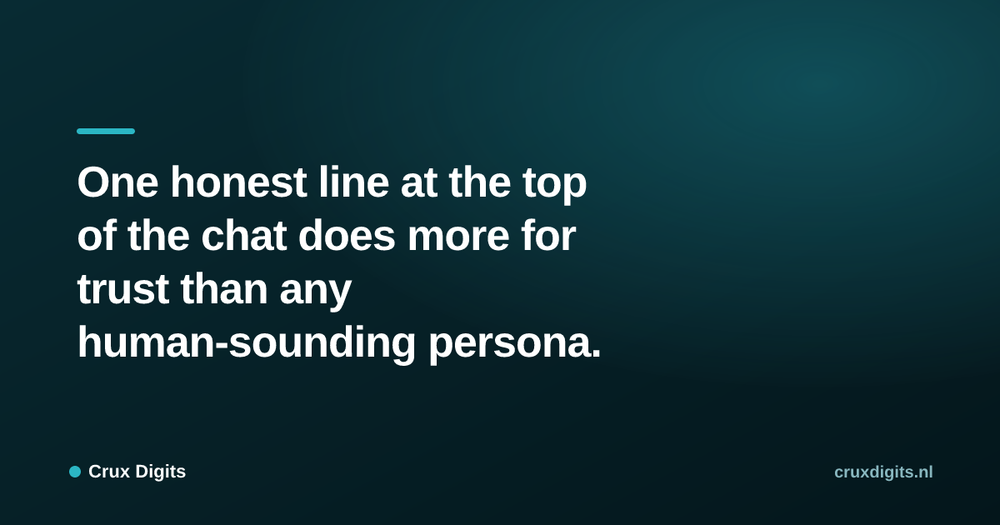 Pull quote from Crux Digits: One honest line at the top of the chat does more for trust than any human-sounding persona.