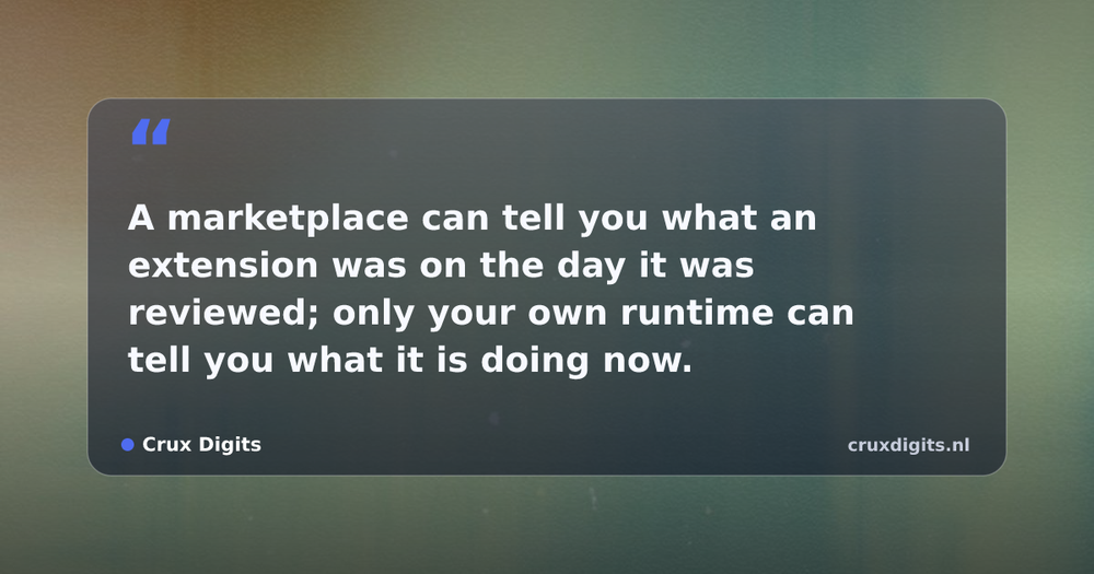 Pull quote from Crux Digits: A marketplace can tell you what an extension was on the day it was reviewed; only your own runtime can tell you what it is doing now.